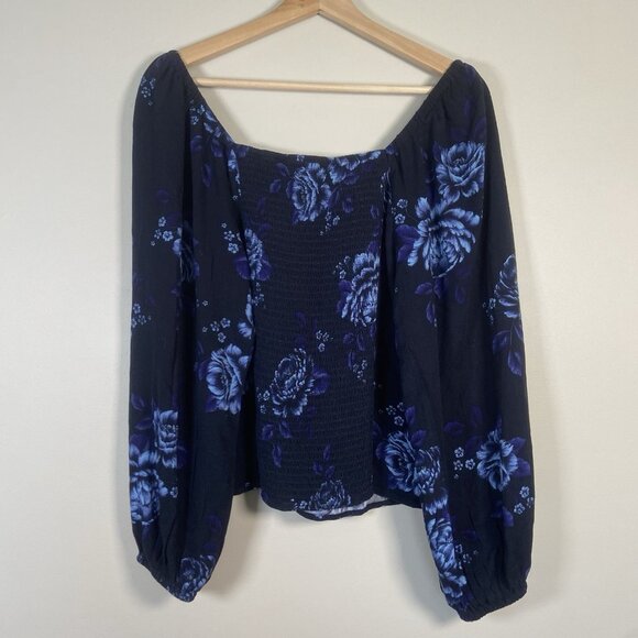Old Navy Womens M Puff Sleeve Smock Long Sleeve Blouse Navy Blue Floral Cottage - Picture 4 of 10